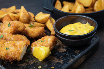 Crispy chicken with sauce and potatoes