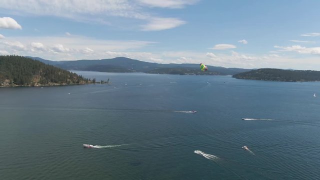 Aerial shot circling a parasail on Coeur d'Alene Lake.