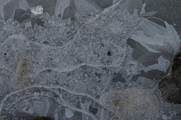 Texture beautiful patterns on ice in winter close up