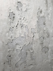 Vintage background of textured old wall surface. Old white peeling plaster. Whitewash falling off in chunks. Vertical orientation. 