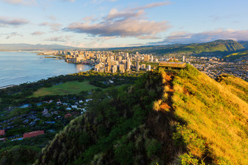 view from Diamond Head Crater on Honolulu at sunrise