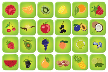 Cartoon color fruit icon set with grapefruit, bananas, kiwi, lemon, orange, rasberry, cherry, vanilla, peanut, grape, avocado, apple, plum, pear, pineapple, lime, strawberry and other