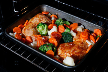Roasted chicken with vegetables in the oven.