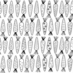 The carrot in the style of Doodle black contour on a white background, seamless pattern, vector
