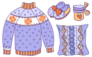 Sweater, pillow, slippers, cup. Vector set of cozy home scandinavian elements. Valentines day. Hand-drawn set of nordic winter doodles. Vector isolated objects for your design. EPS 8.