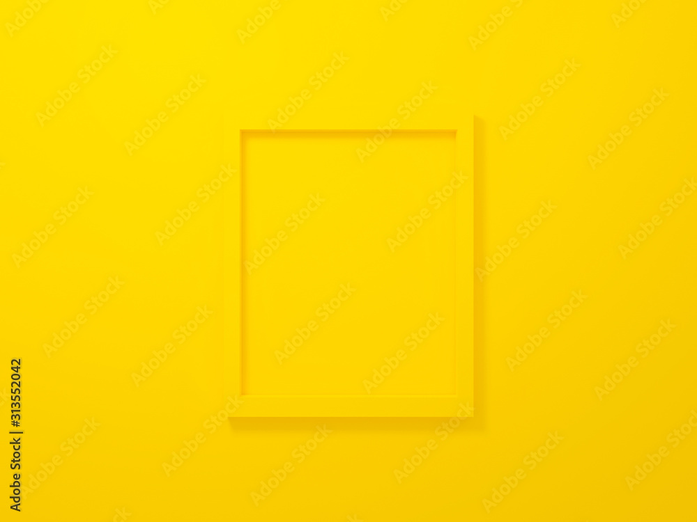 Poster yellow blank photo frame template on wall texture in gallery. 3d render illustration. empty clean pi