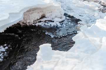 melting ice on the river, the sharp edge of the ice is bordered by flowing water