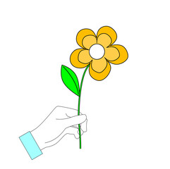 hand holds a flower. flat design. vector illustration.