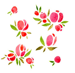 Set of simple small bouquets of roses, minimalism isolated on a white background. Watercolor illustration, handmade.