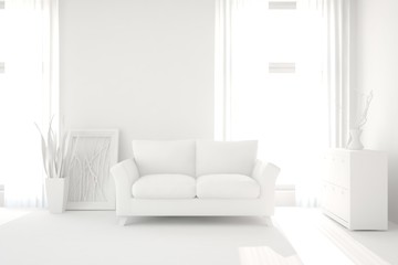 Mock up of stylish room in white color with sofa. Scandinavian interior design. 3D illustration