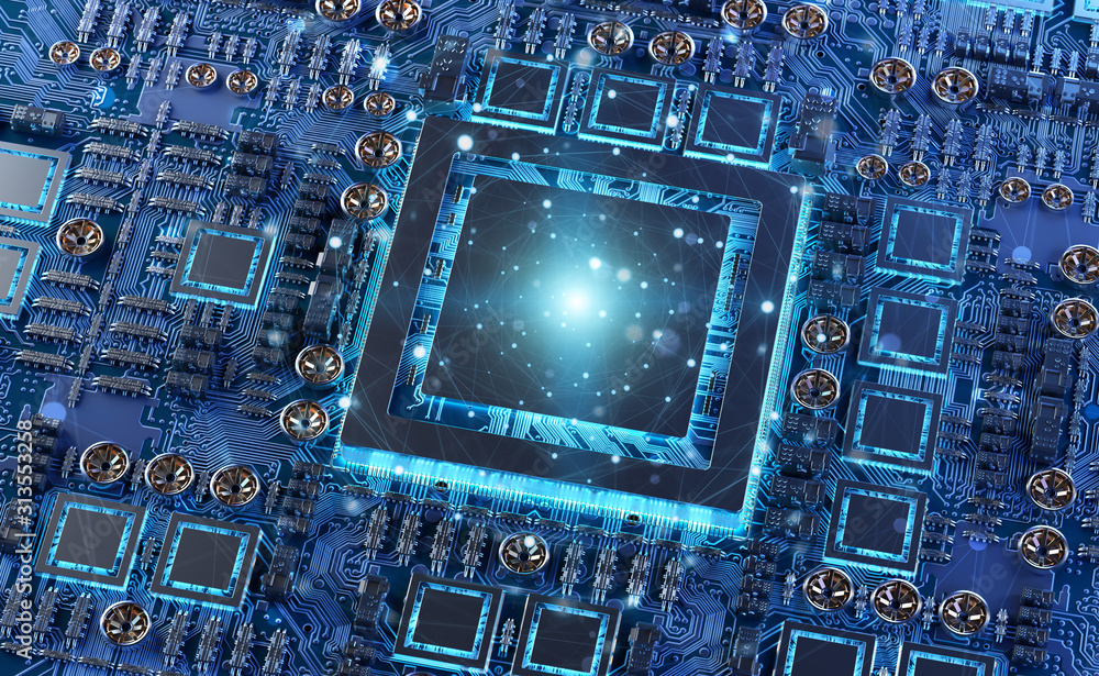 Poster close-up view of a modern gpu card with connections 3d rendering