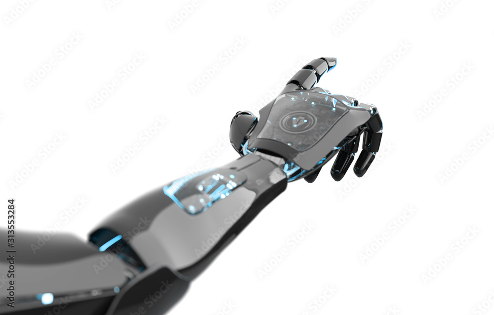 Poster black and blue intelligent robot cyborg arm pointing finger on dark 3d rendering