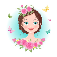 Obraz na płótnie Canvas Cute cartoon girl in a wreath of roses. Vector illustration