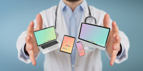 Scientist connecting modern smartphone tablet laptop and computer 3D rendering