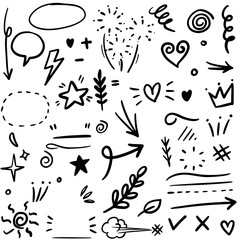 set of Hand drawn design elements. Arrow, heart, love, speech bubble, star, leaf, sun,light,check marks ,crown, king, queen,Swishes, swoops, emphasis ,swirl, heart, on white background.