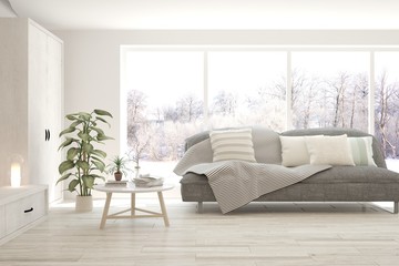 Stylish room in white color with grey sofa and winter landscape in window. Scandinavian interior design. 3D illustration