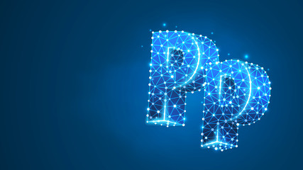 Alphabet letter P. Design of an Uppercase and lowercase letters. Banner, template or a pattern. Abstract digital wireframe, low poly mesh, vector blue neon 3d illustration. Triangle, line dot