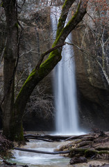 Waterfall in winter in the forest vertical format