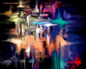 Night party background illustration, hand drawn abstract lighted fragments. Digital painting of colorful bokeh randomly flying on the dark background. Festive night lights.