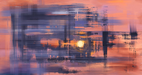 Sunset, abstract oil painting on canvas, hand drawn artwork in contemporary style with reflections. Modern art made with rough brush strokes.