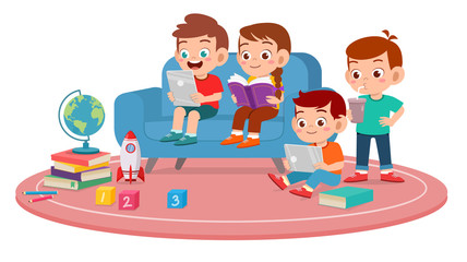 happy cute kids boy and girl use smartphone