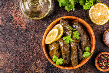 Dolma, stuffed grape leaves with rice and meat.