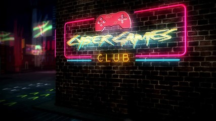Cyber games club hologram and neon in cyber city. Futuristic cyberpunk style illustration. Modern abstract art 3d rendering with glitch effect. Retro video gaming, esport, console play concept. - Powered by Adobe