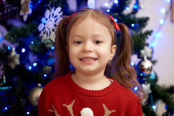 Cute little girl on the background of the Christmas tree