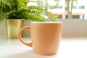 Pastel pink coffee mug with potted ferns on a table by the window