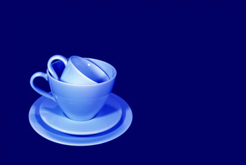 Stack of two different size of light blue coffee cup sets in deep blue background