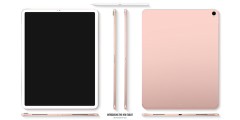 tablet rose gold color with black touch screen front, back and side flat lay isolated on white background. realistic and detailed mockup. stock vector illustration