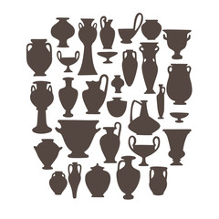 Antique vases set. Collection of vintage objects crockery. Greek and roman pottery amphoras, vessels, jar, urn, pitcher for food, wine, grain and oil. Clay dishes silhouettes isolated on white.
