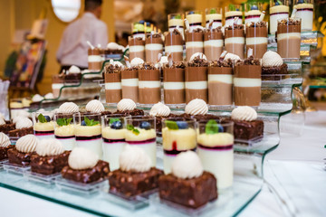 Catering. Off-site food. Buffet table with various sweet chocolate canapes, sandwiches and snacks with curd, strawberries, cheese and mint
