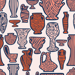 Abstract seamless pattern with antique vases. Vintage objects crockery background. Greek and roman amphoras and vessels for food, wine, grain, oil and incense. Clay dishes with decorative ornament.