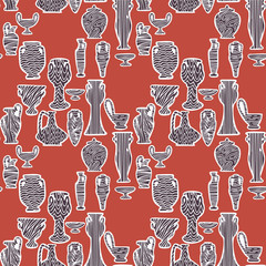 Abstract seamless pattern with antique vases. Vintage crockery objects background. Greek and roman amphoras and vessels for food, wine, grain, oil and incense.