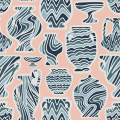 Abstract seamless pattern with antique vases. Vintage objects crockery background. Greek and roman amphoras and vessels for food, wine, grain, oil and incense. Clay dishes with decorative ornament.