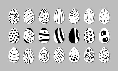 Easter eggs collection. Black and white elements in hand drawn style. Flat vector illustration.