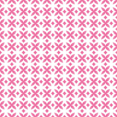 Diamond seamless geometric pattern vector. Decorative pink diamonds and flowers on isolated white background. Design for fabric, ceiling, texture, wallpaper, background, backdrop.