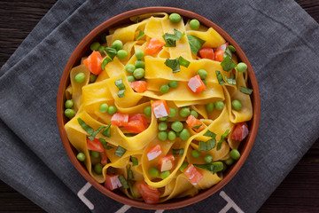 Pasta stuffed with salmon and herbs.