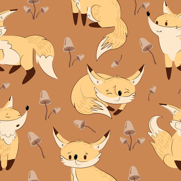 seamless pattern with cute fox and mushroom. Vector, illustration.
