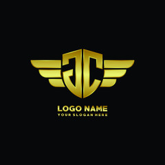 initial letter JC shield logo with wing vector illustration, gold color