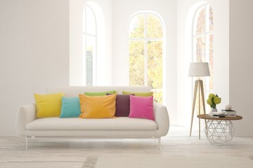 Mock up of stylish room in white color with colorful sofa. Scandinavian interior design. 3D illustration