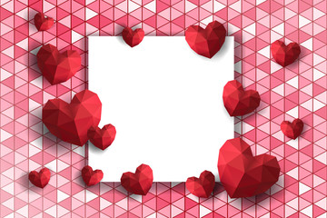 Valentine's Day of Holiday. Hearts composition. Round frame made of rose flowers and hearts on polygon background. Valentines day background.