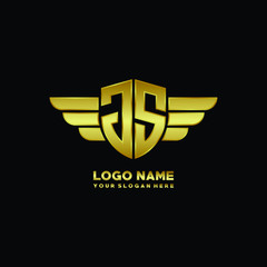 initial letter JS shield logo with wing vector illustration, gold color