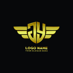 initial letter JY shield logo with wing vector illustration, gold color