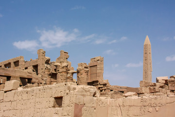 Karnak temple complex in Luxor, Egypt. Ruins of ancient temple with hieroglyphs and stella.