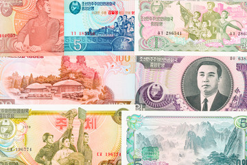 North Korea Won banknotes background. High resolution vintage photo of North Korean bill 5, DPRK money close up macro.