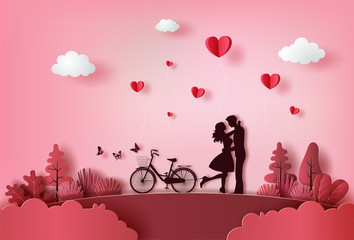 Cute couple in love hugging with many hearts floating. - obrazy, fototapety, plakaty