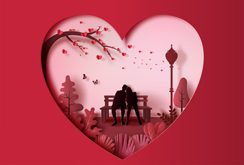 Young couple in love sitting on a bench in park, paper art style. - obrazy, fototapety, plakaty