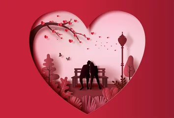 Poster Young couple in love sitting on a bench in park, paper art style. © Sunset Paper's